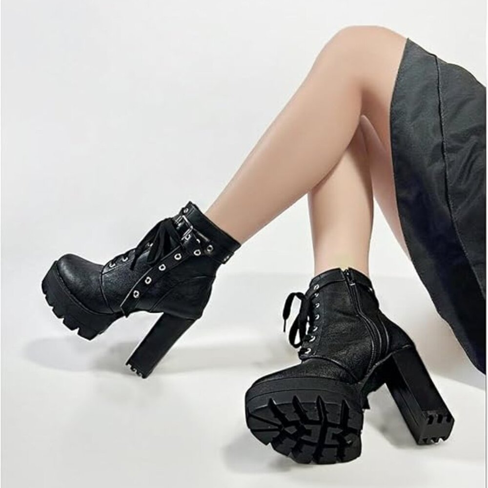 Black High Heel Boots For Women Platform Combat Booties Lace Up Goth Chunky Heel